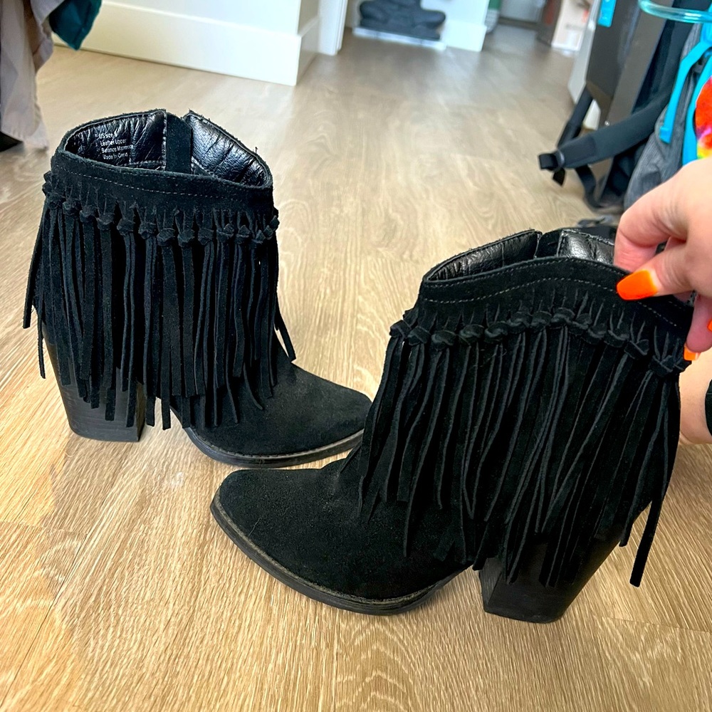 Black Suede Fringe Booties with Stacked Heel size 8